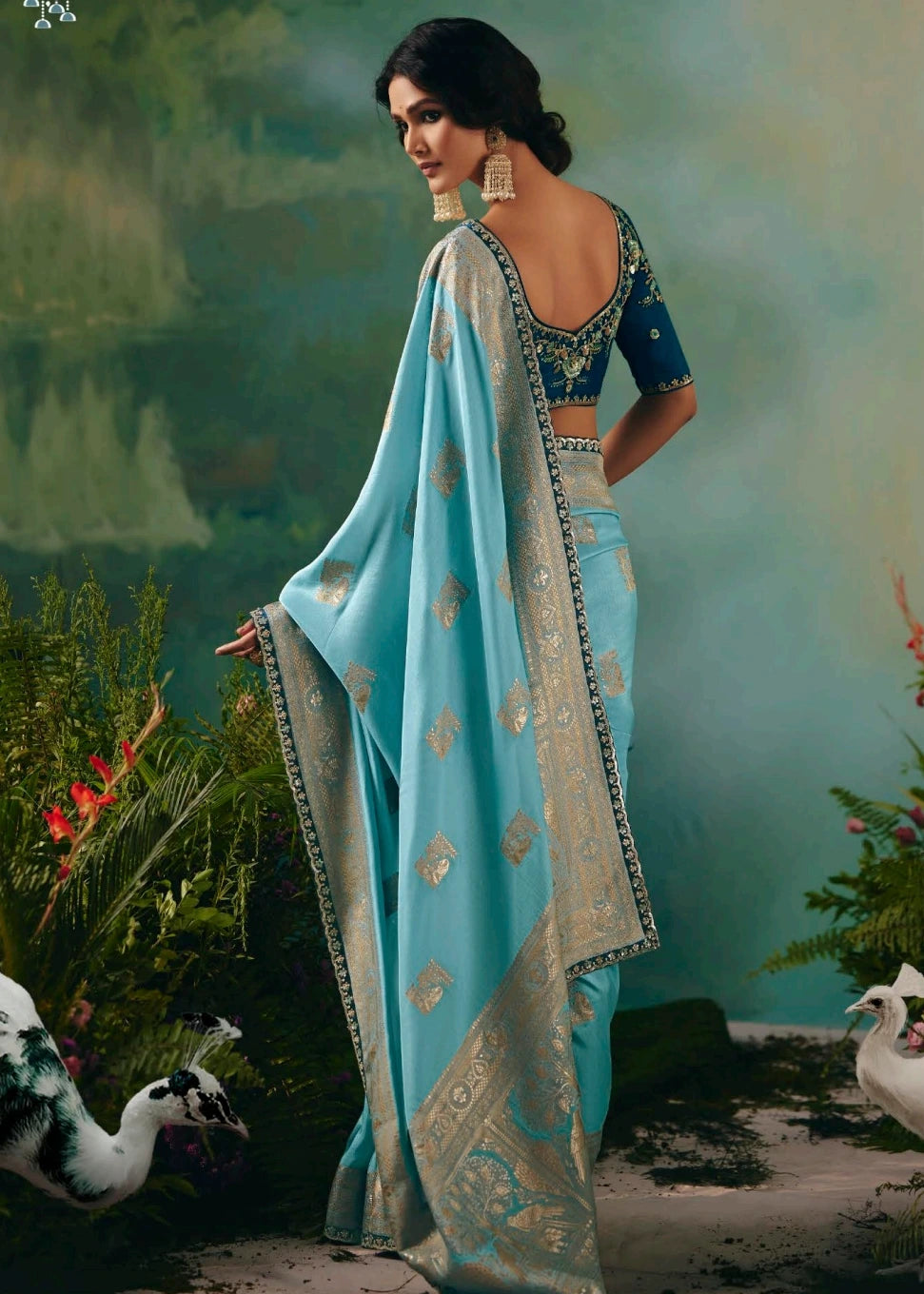 Two Tone Sky Blue Banarasi Silk Bridal Saree & Navy Blue Embroidered Blouse