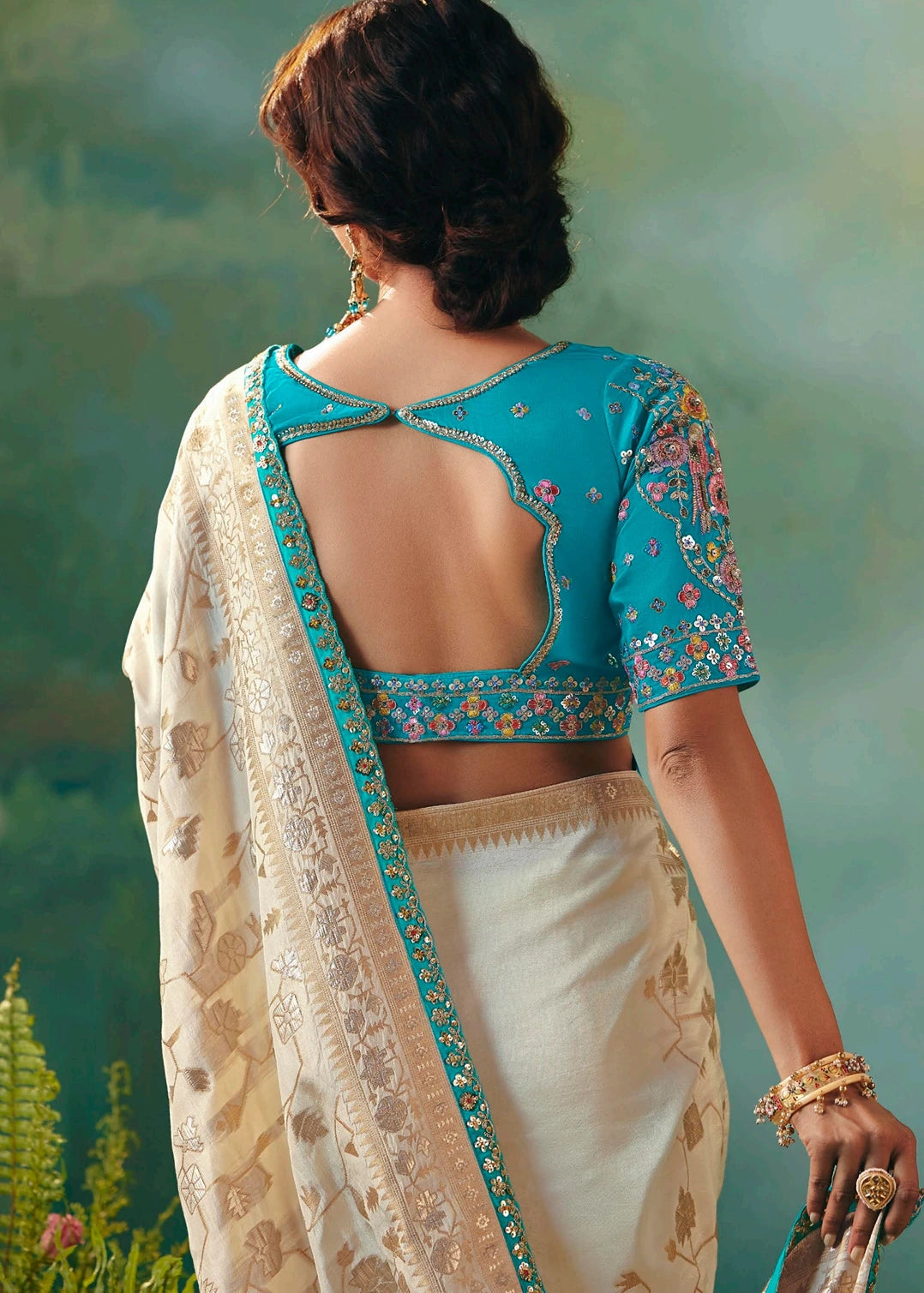 Off White Banarasi Silk Bridal Saree & Turquoise Blue Embroidered Blouse