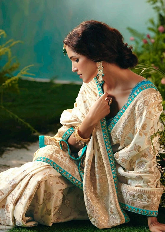Off White Banarasi Silk Bridal Saree & Turquoise Blue Embroidered Blouse