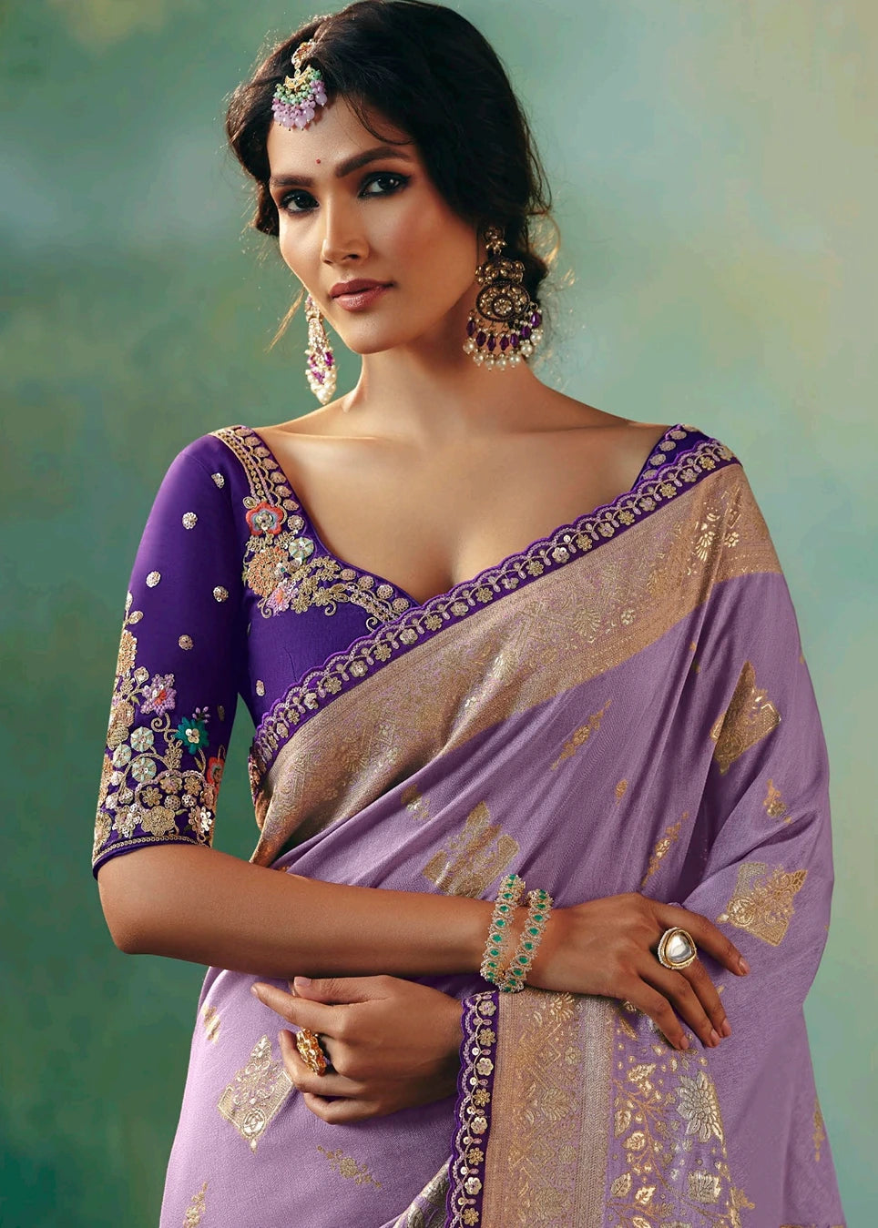 Lavender Purple Dola Banarasi Silk Saree & Embroidered Blouse