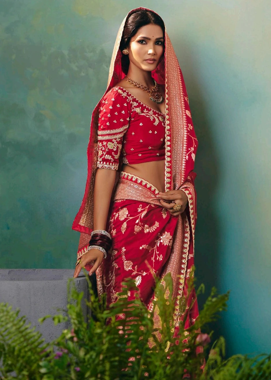 Red Dola Banarasi Silk Bridal Saree & Embroidered Blouse