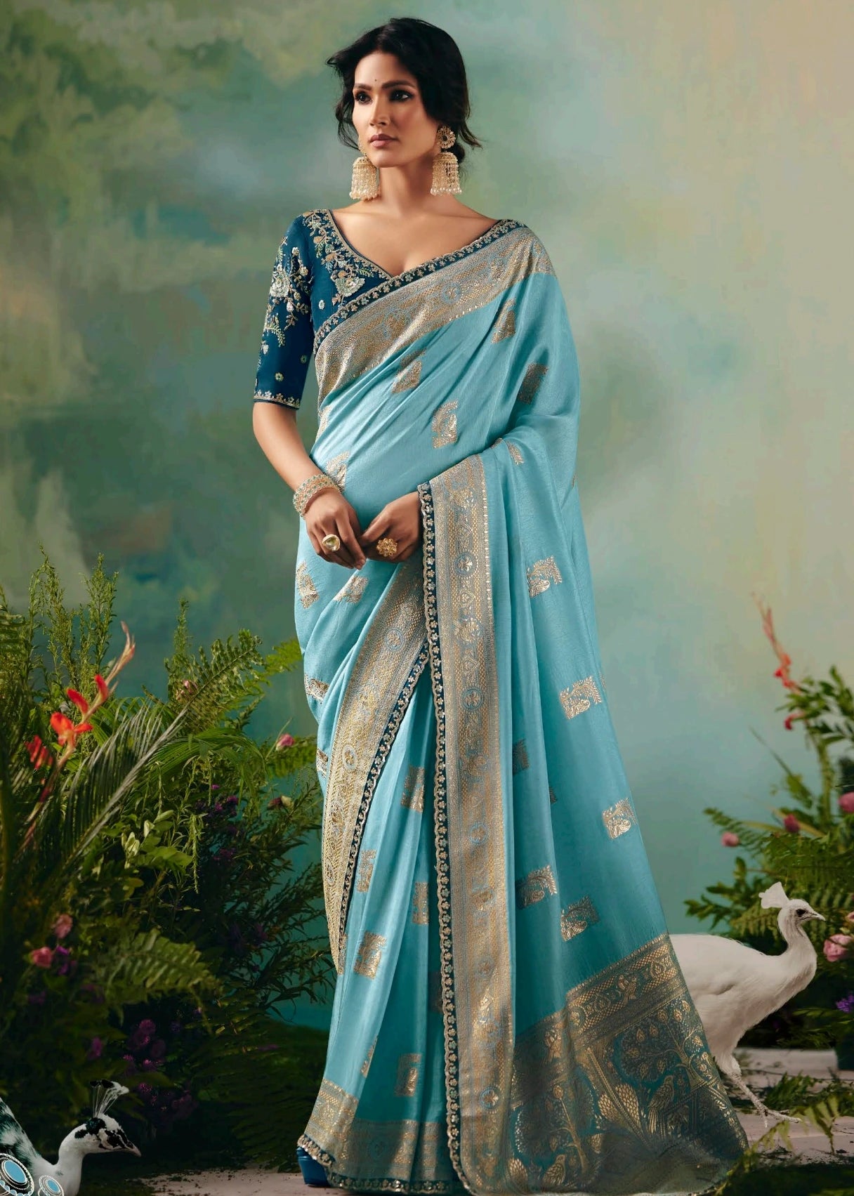 Two Tone Sky Blue Banarasi Silk Bridal Saree & Navy Blue Embroidered Blouse