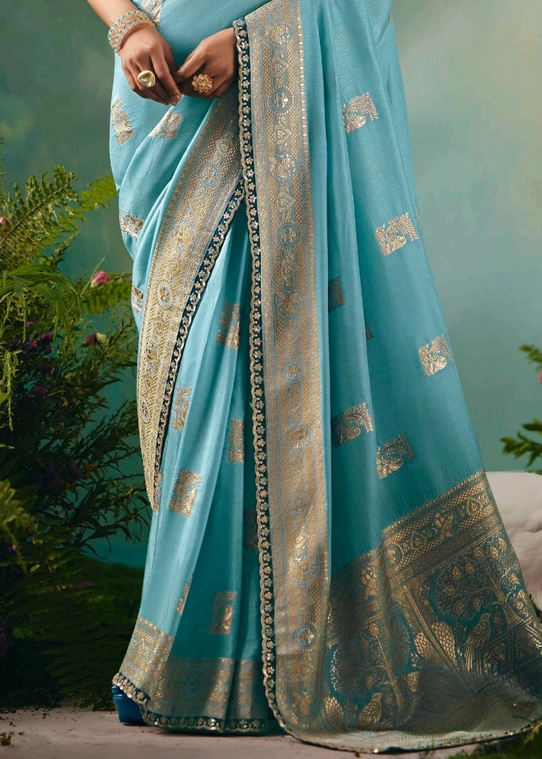 Two Tone Sky Blue Banarasi Silk Bridal Saree & Navy Blue Embroidered Blouse