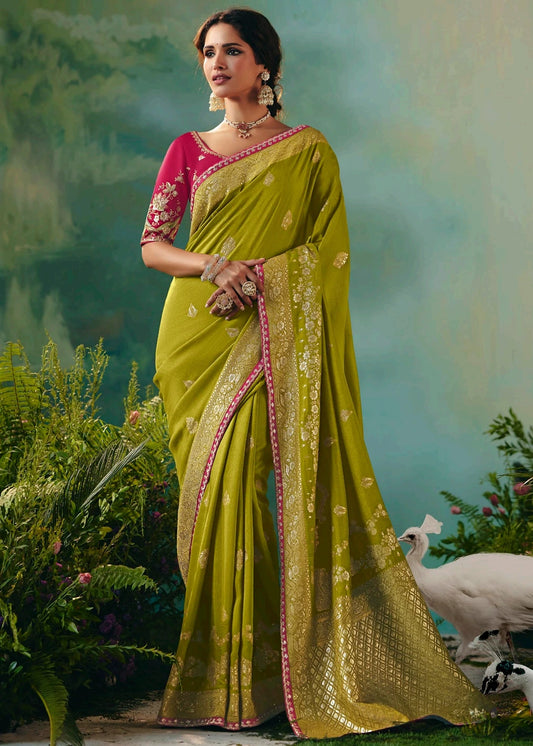 Mehendi Green Dola Banarasi Silk Bridal Saree & Red Embroidered Blouse