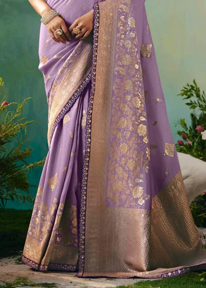 Lavender Purple Dola Banarasi Silk Saree & Embroidered Blouse