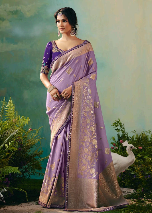 Lavender Purple Dola Banarasi Silk Saree & Embroidered Blouse