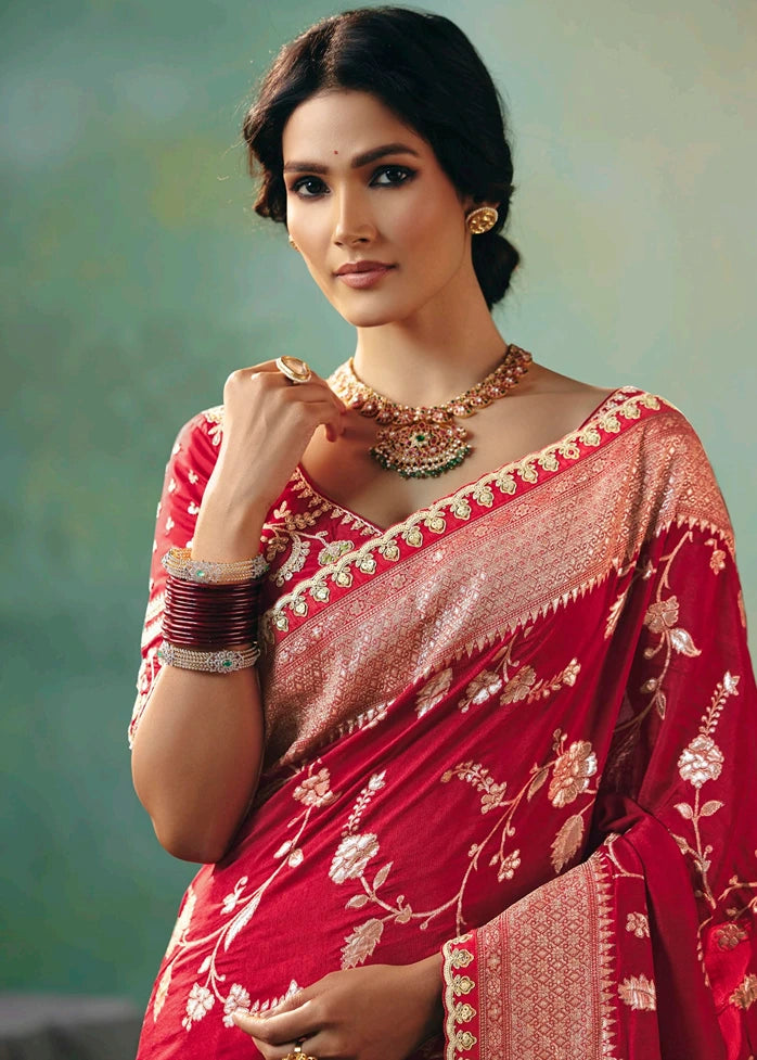 Red Dola Banarasi Silk Bridal Saree & Embroidered Blouse