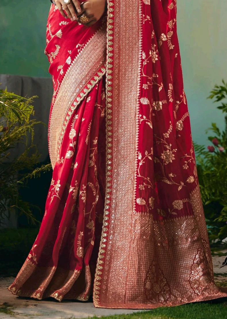 Red Dola Banarasi Silk Bridal Saree & Embroidered Blouse