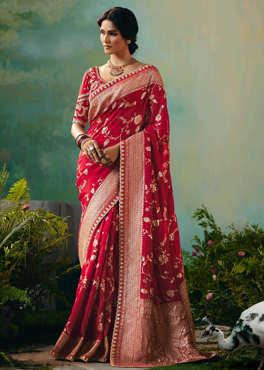 Red Dola Banarasi Silk Bridal Saree & Embroidered Blouse