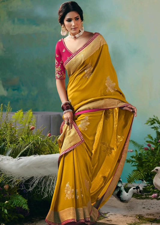 Yellow Banarasi Silk Bridal Saree & Red Embroidered Blouse