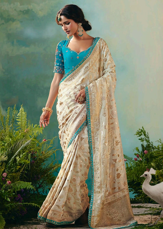 Off White Banarasi Silk Bridal Saree & Turquoise Blue Embroidered Blouse