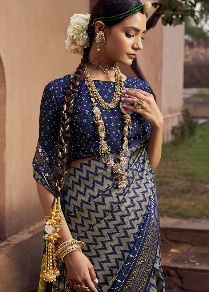 Grey & Navy Blue Patola Silk Saree