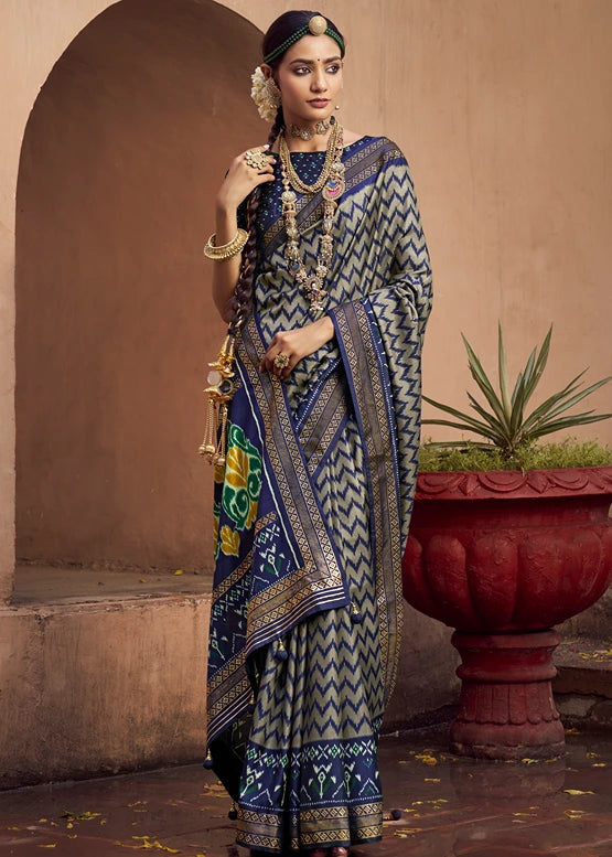 Grey & Navy Blue Patola Silk Saree
