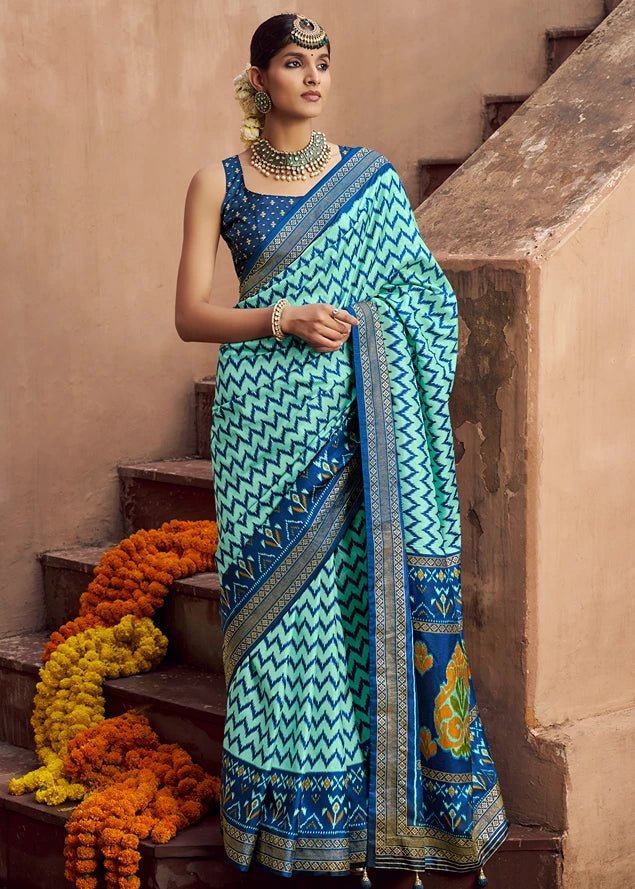 Two Tone Light & Dark Blue Patola Silk Saree