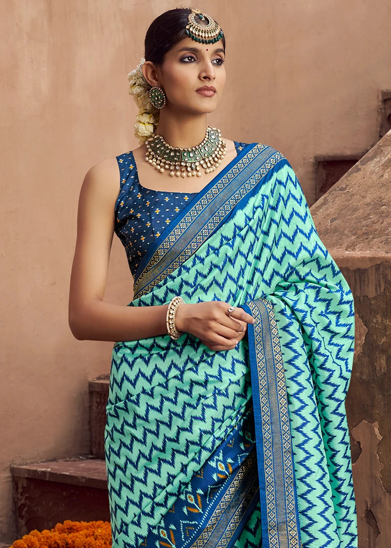 Two Tone Light & Dark Blue Patola Silk Saree