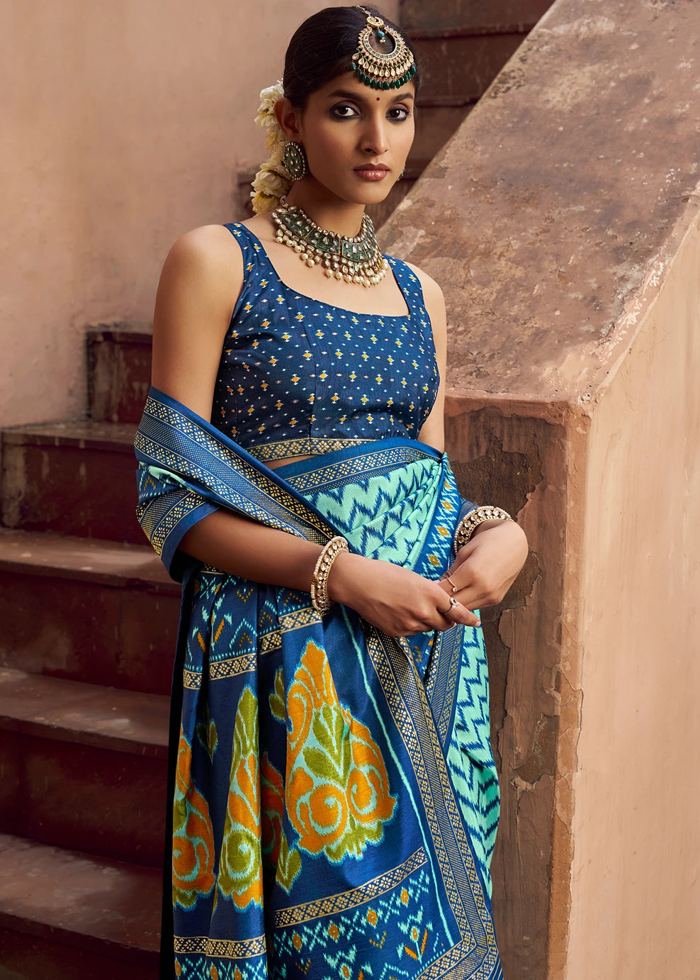 Two Tone Light & Dark Blue Patola Silk Saree