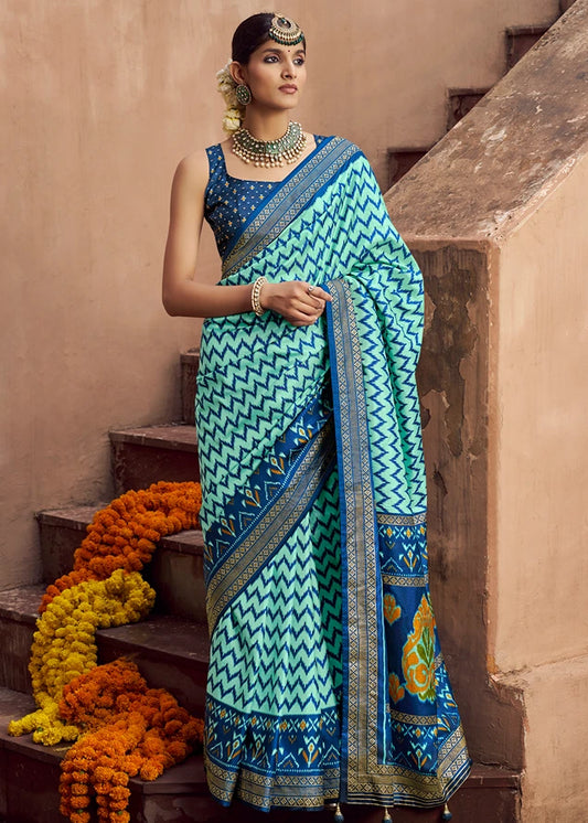 Two Tone Light & Dark Blue Patola Silk Saree