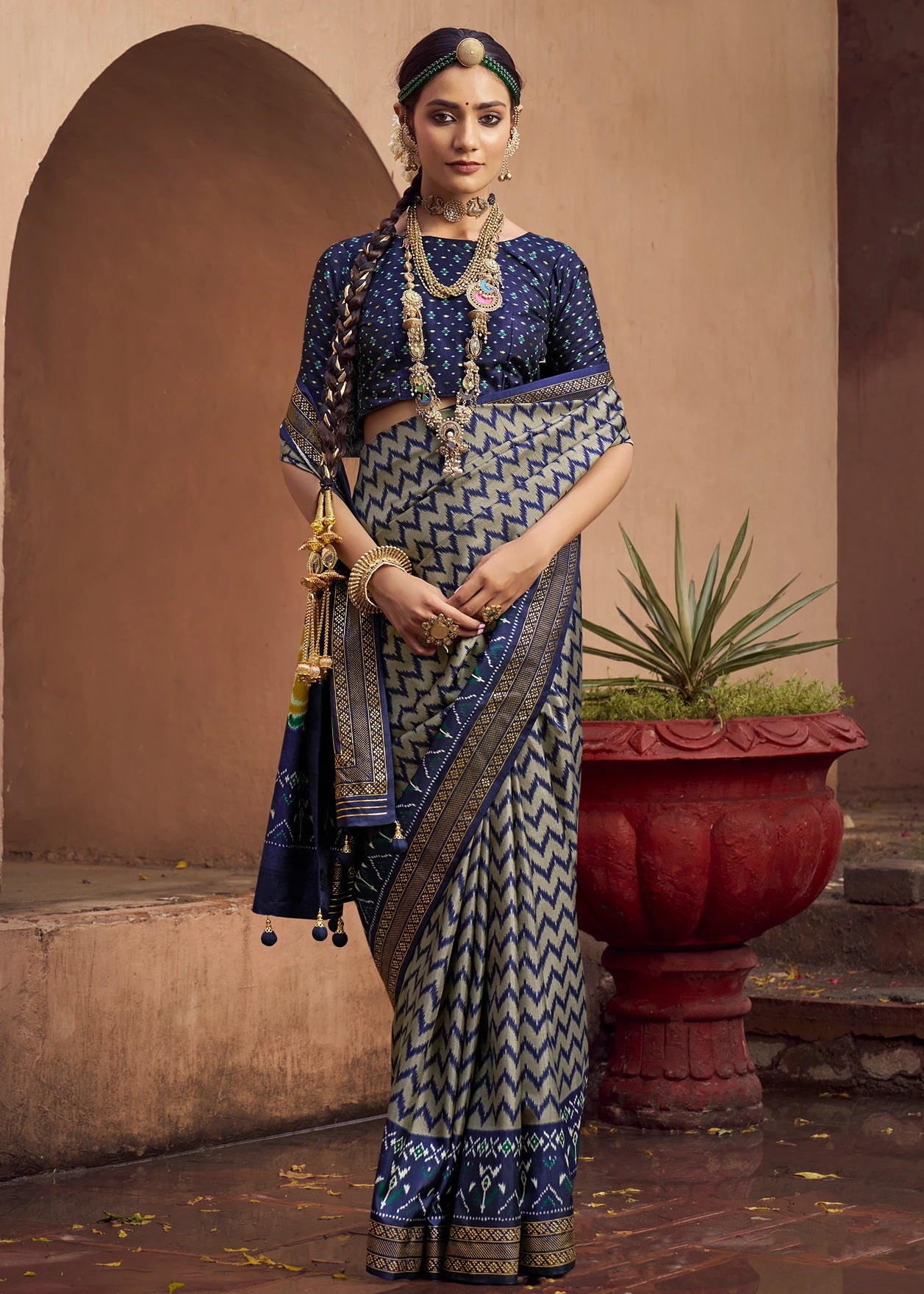 Grey & Navy Blue Patola Silk Saree