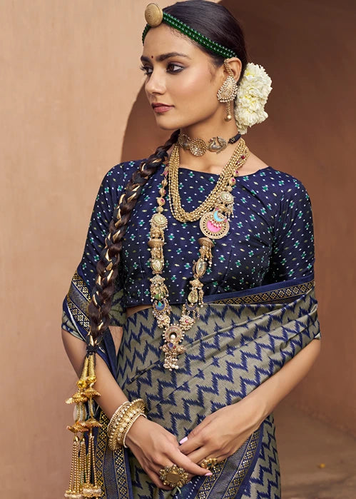 Grey & Navy Blue Patola Silk Saree