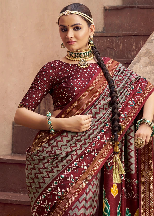 Grey & Maroon Red Patola Silk Saree