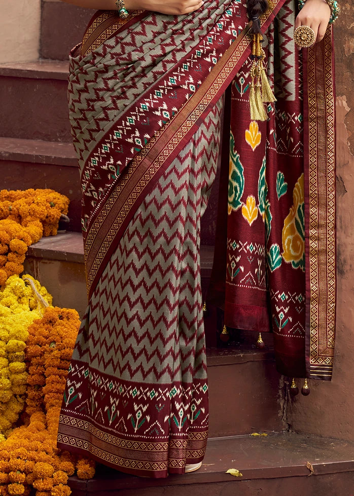 Grey & Maroon Red Patola Silk Saree