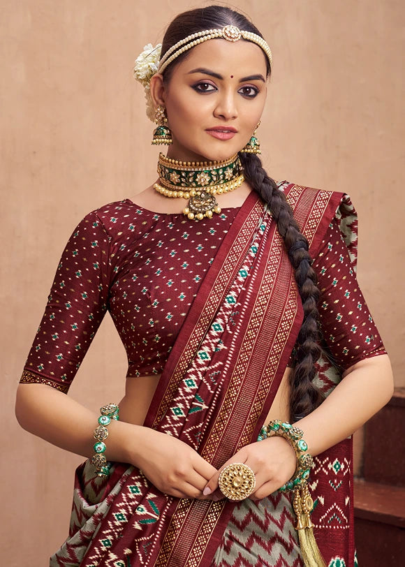 Grey & Maroon Red Patola Silk Saree