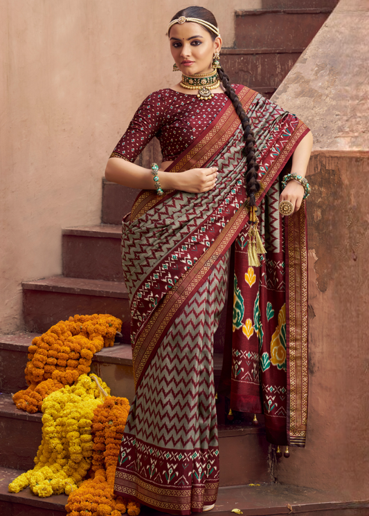 Grey & Maroon Red Patola Silk Saree