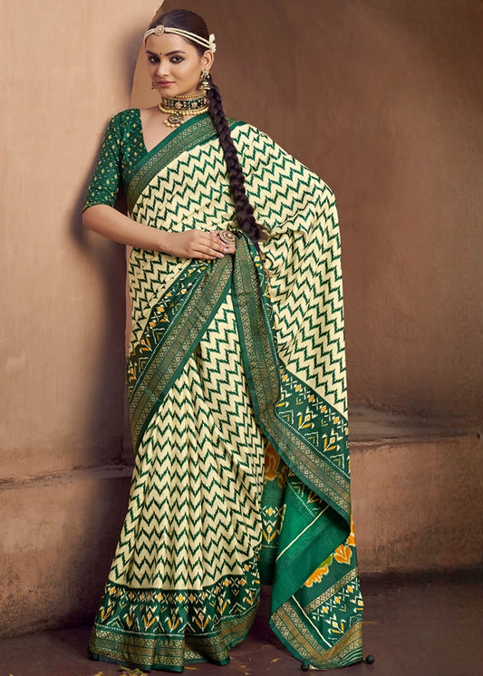 Green & Cream Patola Silk Saree