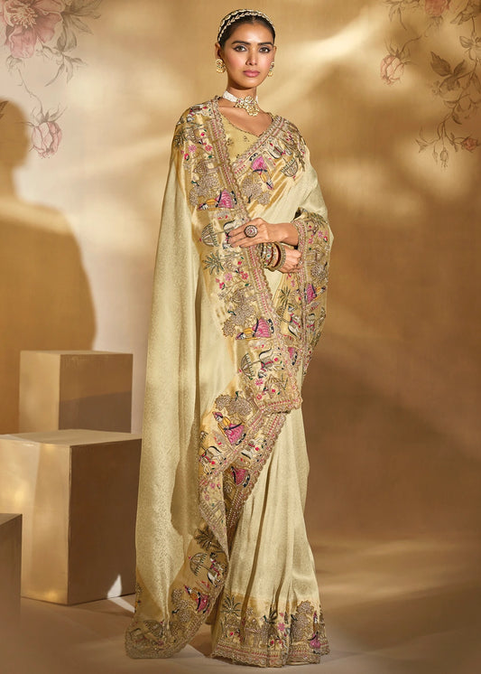 Cream & Golden Kanjivaram Silk Embroidered Bridal Saree