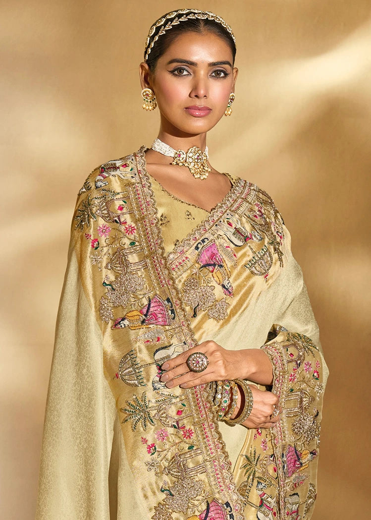 Cream & Golden Kanjivaram Silk Embroidered Bridal Saree