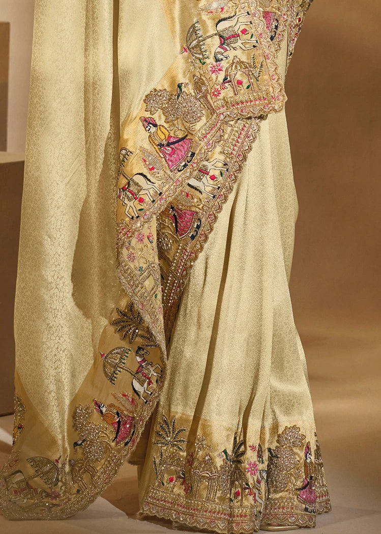 Cream & Golden Kanjivaram Silk Embroidered Bridal Saree