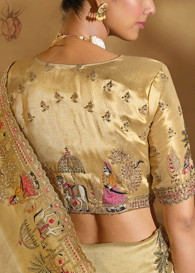 Cream & Golden Kanjivaram Silk Embroidered Bridal Saree