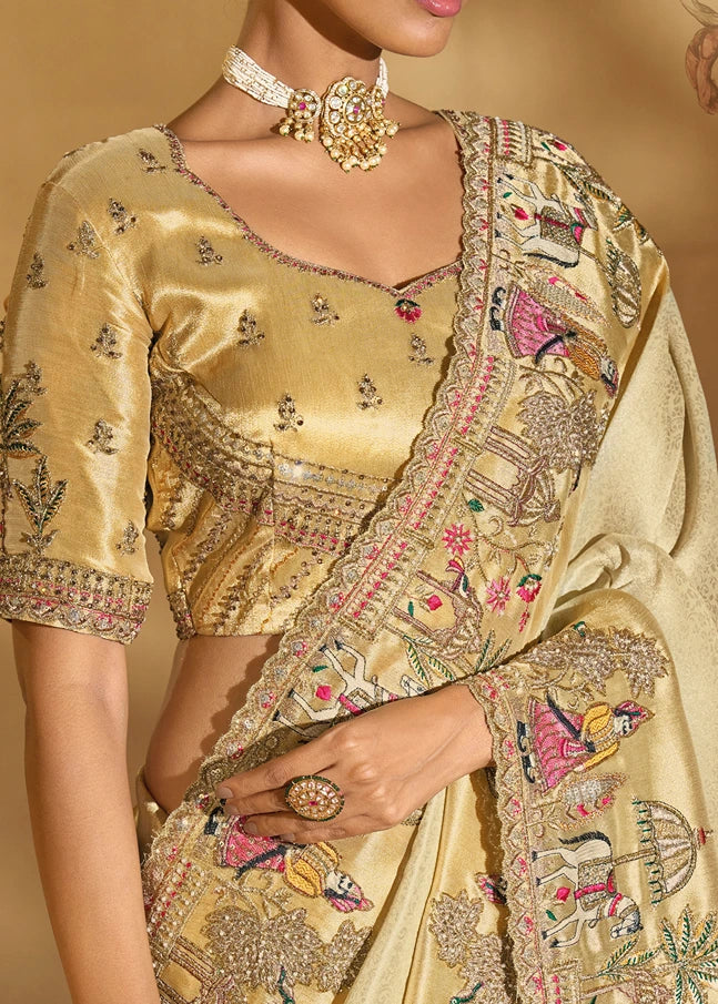 Cream & Golden Kanjivaram Silk Embroidered Bridal Saree