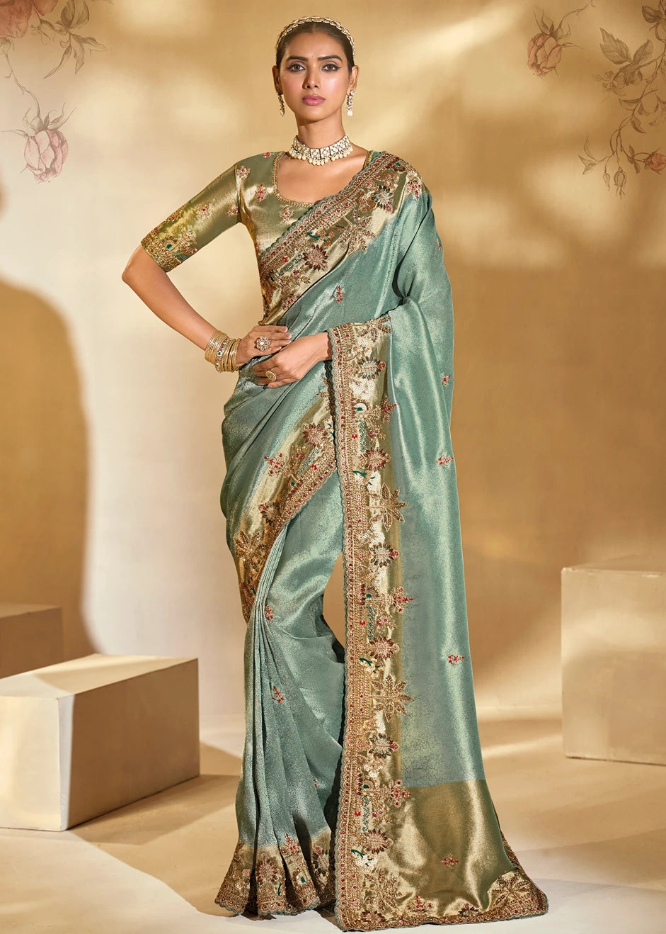 Aqua Blue & Golden Kanjivaram Silk Embroidered Bridal Saree