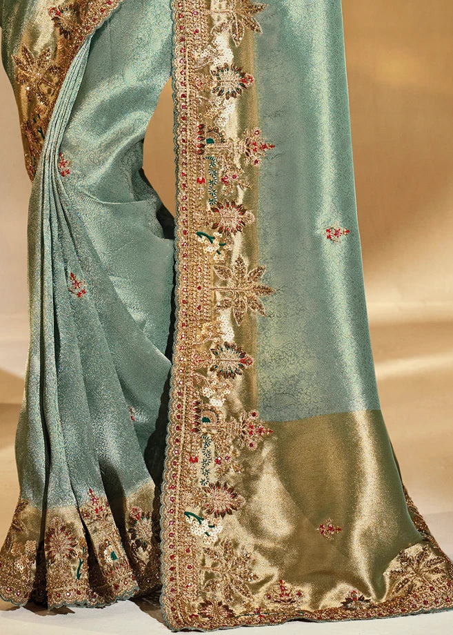 Aqua Blue & Golden Kanjivaram Silk Embroidered Bridal Saree