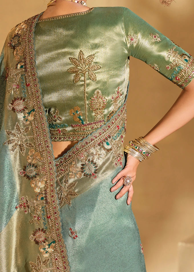 Aqua Blue & Golden Kanjivaram Silk Embroidered Bridal Saree