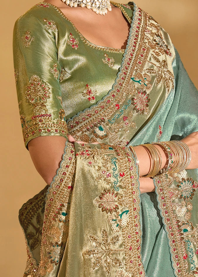 Aqua Blue & Golden Kanjivaram Silk Embroidered Bridal Saree