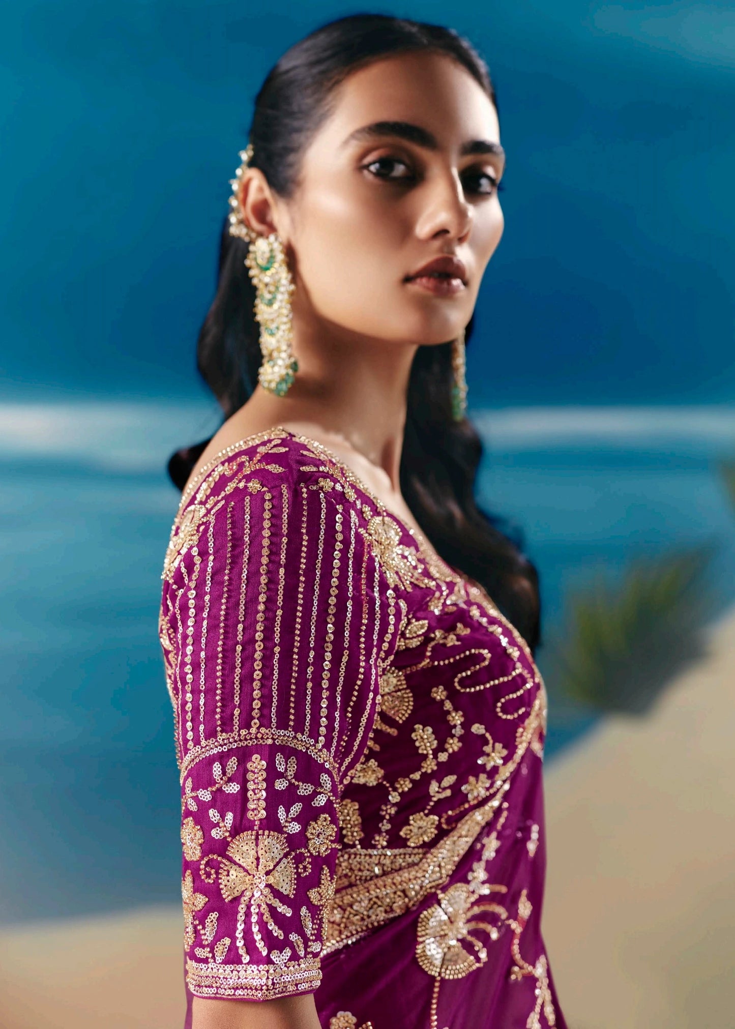 Magenta Pink Organza Tissue Silk Hand Embroidered Bridal Saree