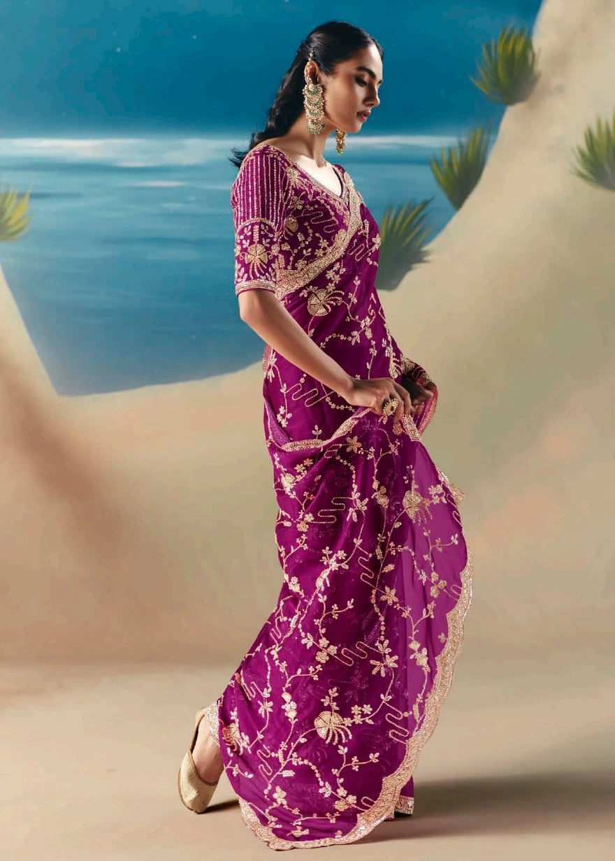 Magenta Pink Organza Tissue Silk Hand Embroidered Bridal Saree