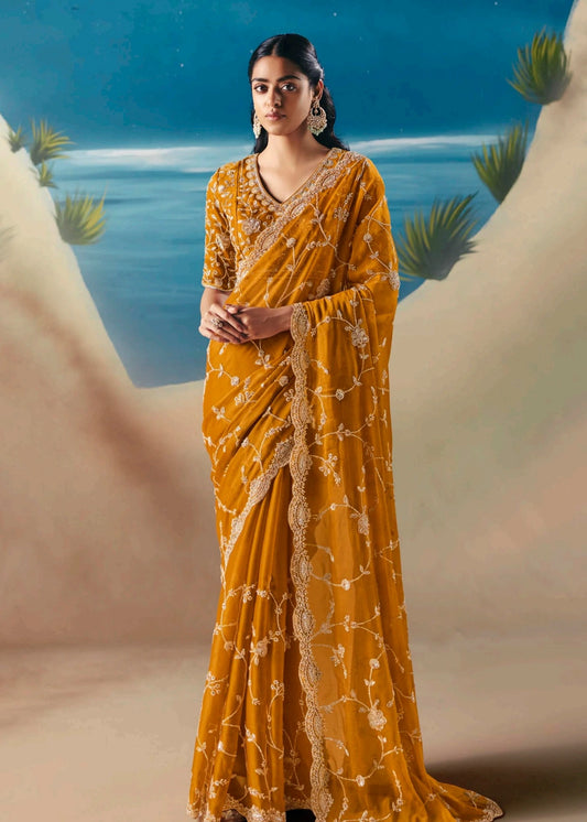 Mustard Yellow Organza Tissue Silk Hand Embroidered Bridal Saree