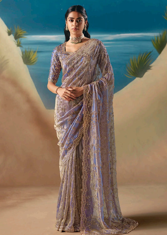 Lavender Purple Organza Tissue Silk Hand Embroidered Bridal Saree