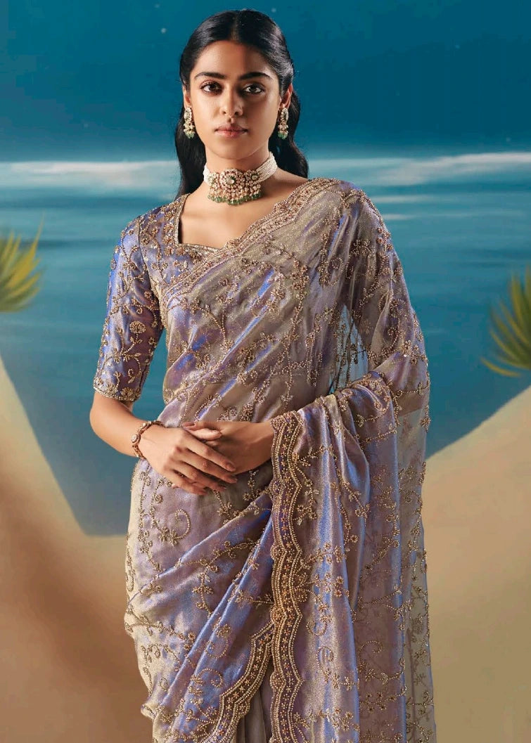 Lavender Purple Organza Tissue Silk Hand Embroidered Bridal Saree