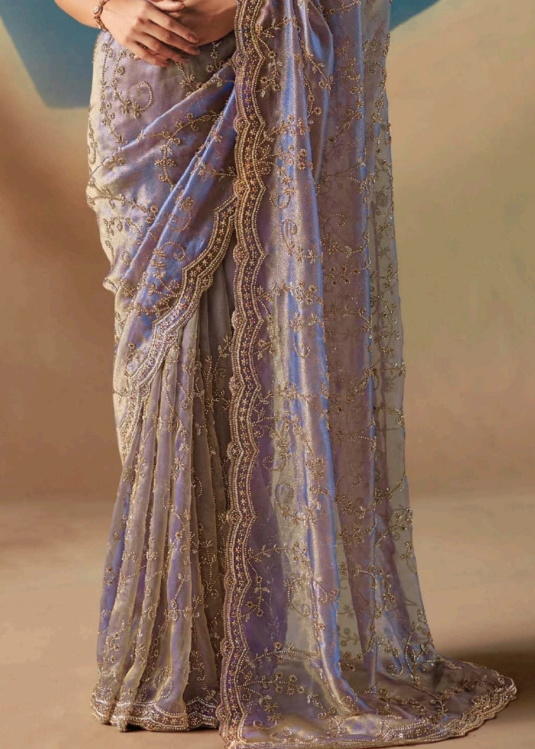 Lavender Purple Organza Tissue Silk Hand Embroidered Bridal Saree