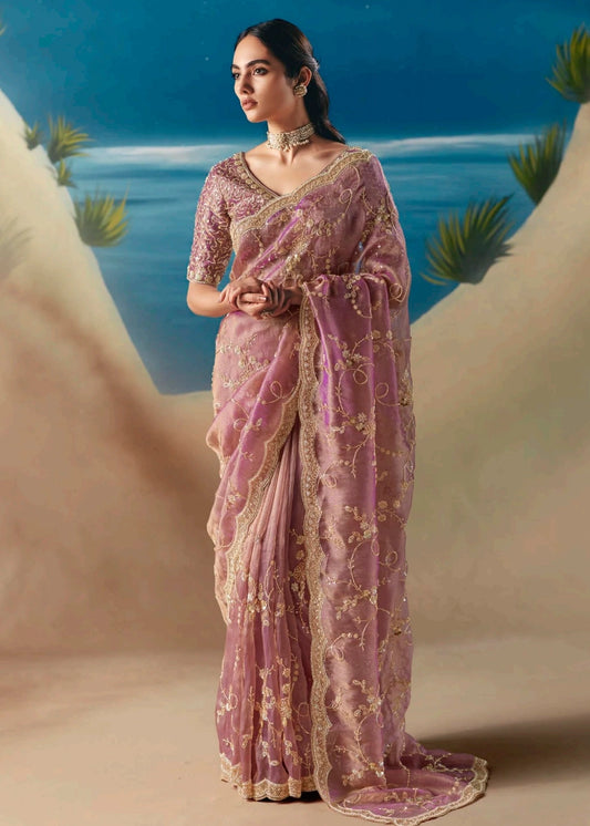 Pastel Pink Organza Tissue Silk Hand Embroidered Bridal Saree