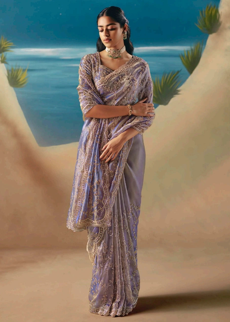 Lavender Purple Organza Tissue Silk Hand Embroidered Bridal Saree