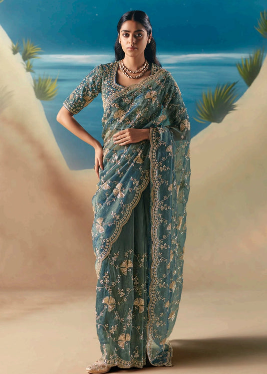 Teal Blue Organza Tissue Silk Hand Embroidered Bridal Saree