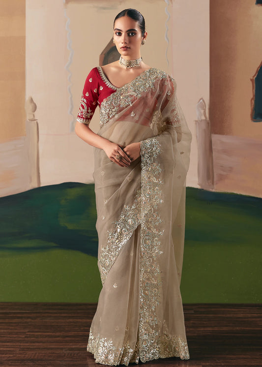 Beige Organza Tissue Silk Embroidered Bridal Saree & Red Blouse