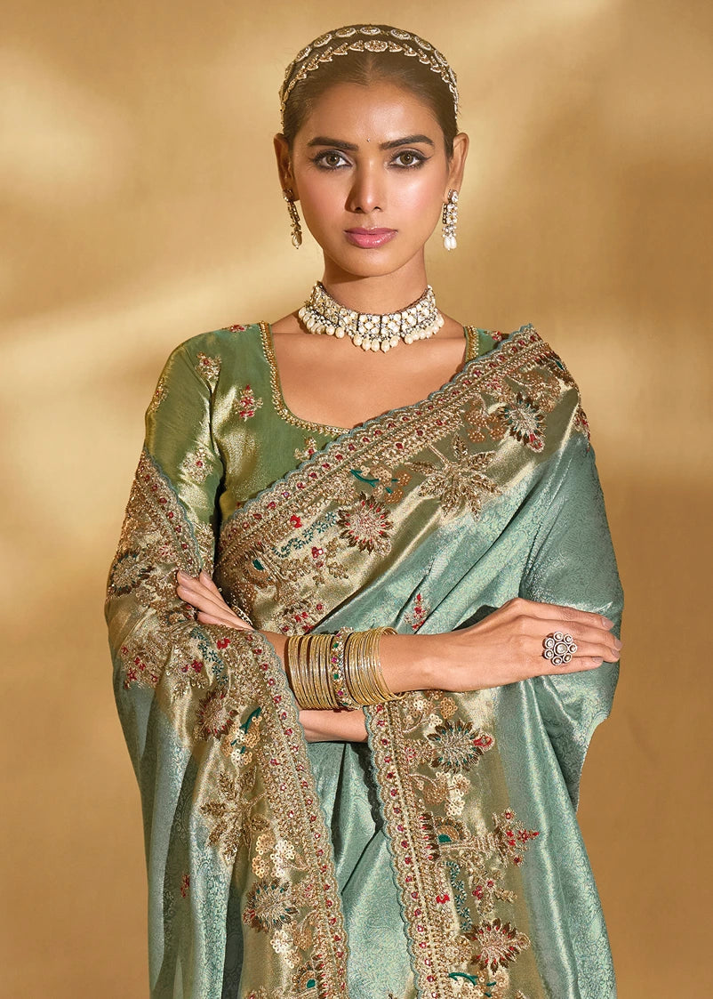 Aqua Blue & Golden Kanjivaram Silk Embroidered Bridal Saree