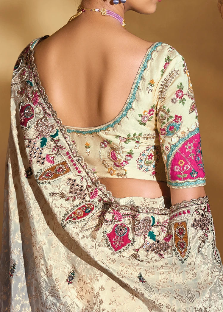 Cream & Greyish Purple Ombre Effect Banarasi Crepe Silk Embroidered Bridal Saree