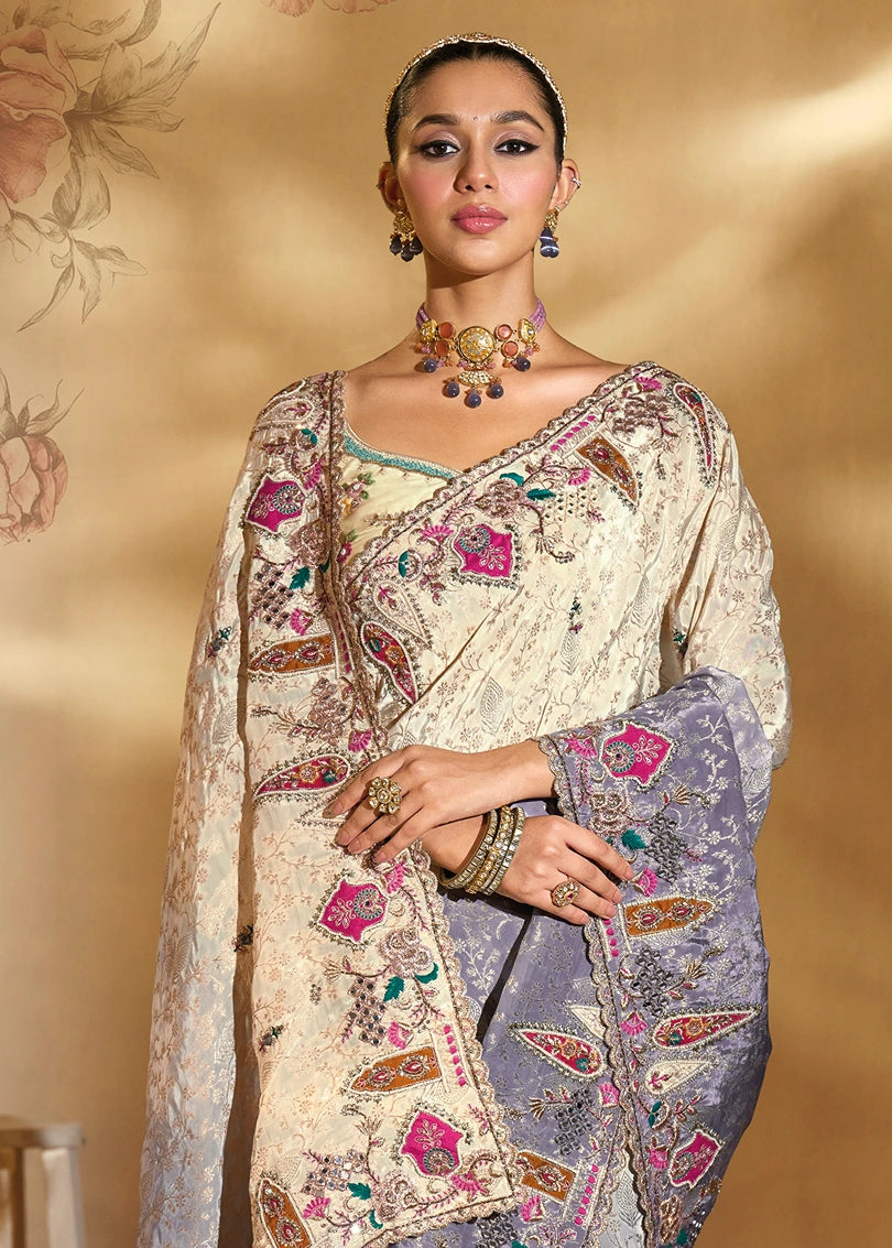Cream & Greyish Purple Ombre Effect Banarasi Crepe Silk Embroidered Bridal Saree